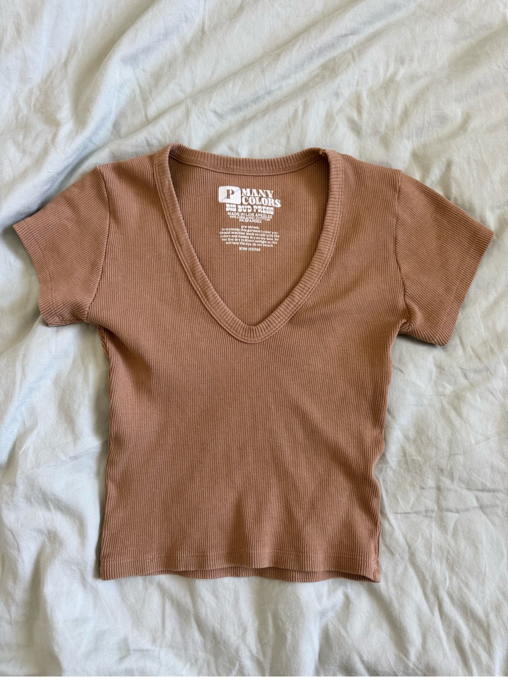 Women's Ribbed V-Neck Short Sleeve Top - Brown
